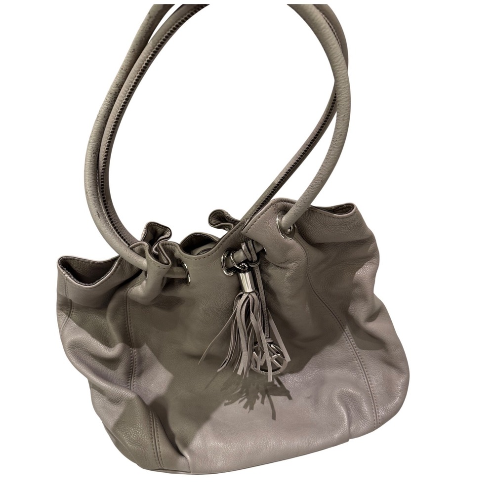 Michael Kors Leather Hobo Shoulder Bag‎ Gray Tassel Drawstring Magnet Close